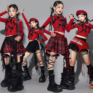 元旦女童红色爵士舞服装少儿jazz走秀套装儿童街舞演出服上衣潮装