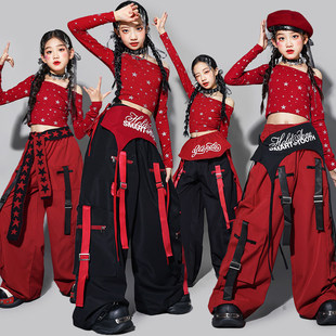 元旦女童jazz爵士舞演出服儿童红色街舞服装少儿套装女孩走秀潮装