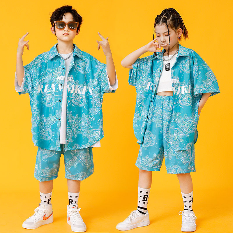 男女童潮牌街舞服装儿童宽松帅气夏季演出服衬衫少儿hiphop套装潮