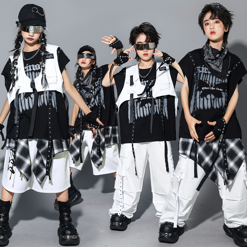 儿童hiphop嘻哈街舞演出服男童炸街马甲套装少儿表演服装女童潮装
