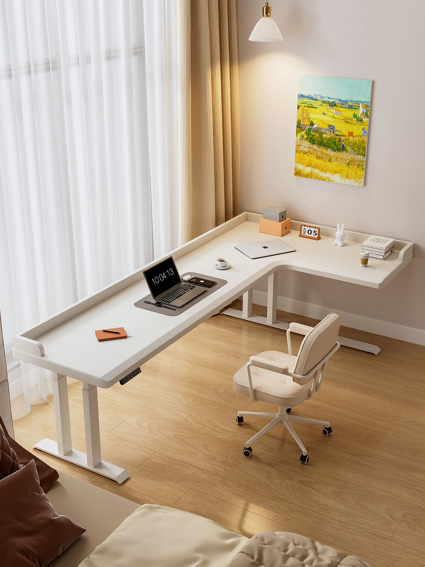 转角升降桌白色实木拐角工作台l型电竞办公桌子电动升降电脑书桌