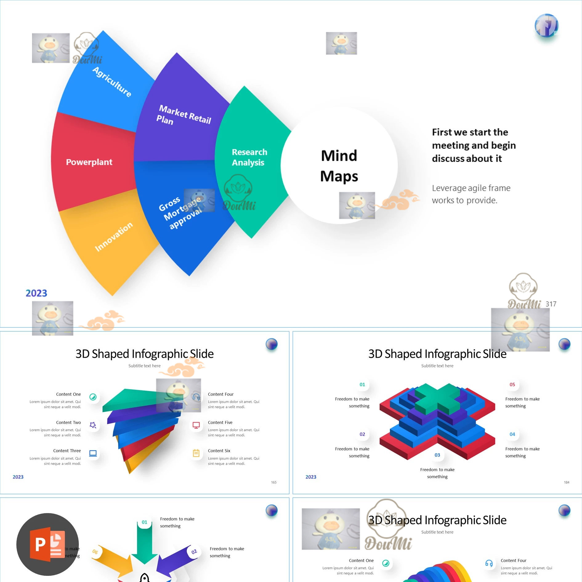 3D立体几何信息图表PPT模板彩色渐变商务数据分析思维导图素材