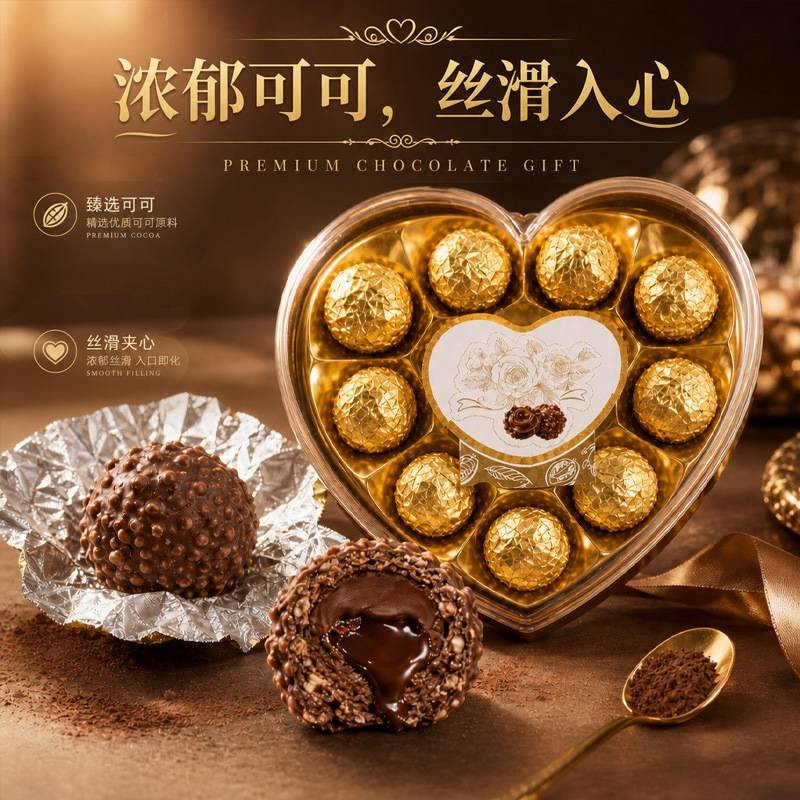 金球夹心巧克力心形礼盒情人节礼物结婚糖果喜糖小零食甜品礼盒装