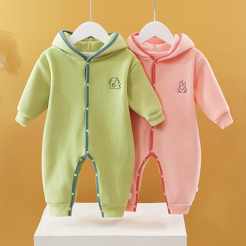 新生婴儿冬季加绒连帽保暖连体衣