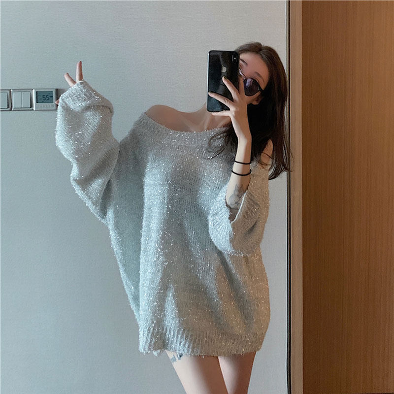 2020秋冬季新款韩版宽松减龄长袖性感露肩BlingBling针织毛衣女潮