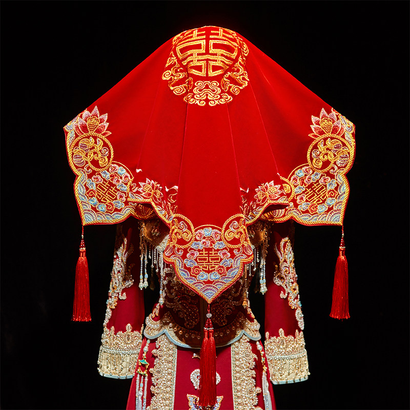 红盖头丝绒新娘结婚头纱中式秀禾服复古红色流苏2025刺绣喜帕盖头