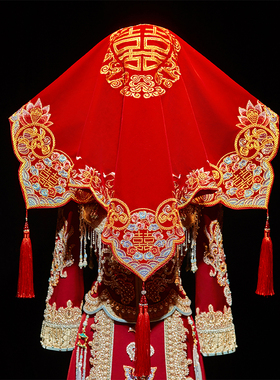 红盖头丝绒新娘结婚头纱中式秀禾服复古红色流苏2026刺绣喜帕盖头