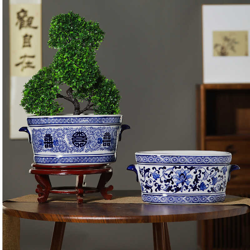 景德镇陶瓷花盆青花瓷树盆喜字双耳鱼缸兰花绿植花卉中国风大口径图片