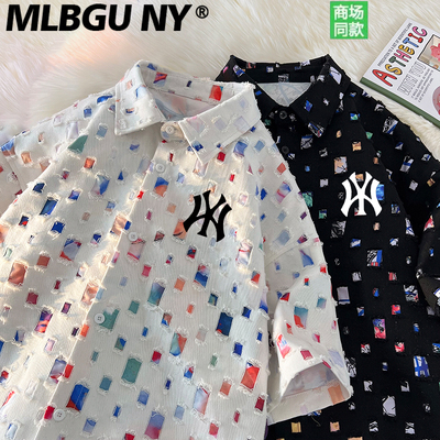 MLBNY男夏潮牌碎花衬衫休闲短袖