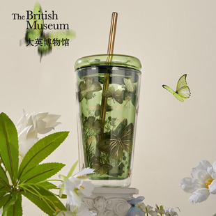 大英博物馆博物志系列蝴蝶翩翩双层玻璃吸管杯便携水杯子生日礼物