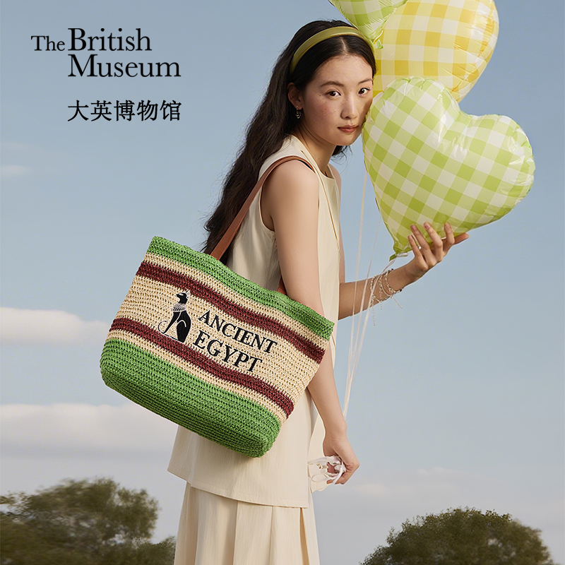大英博物馆安德森猫系列夏季新款时尚出游度假风草编包单肩手提包