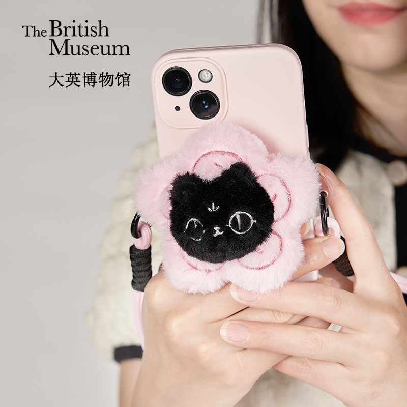 大英博物馆巴斯特系列萌猫一路生花斜挎毛绒手机背夹生日礼物女生