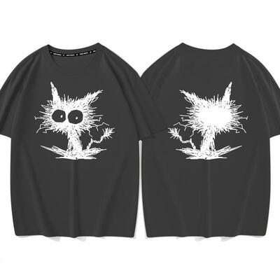 炸毛猫毛线猫凌乱杂乱毛卡通动漫个性趣味搞笑短袖T恤男半袖