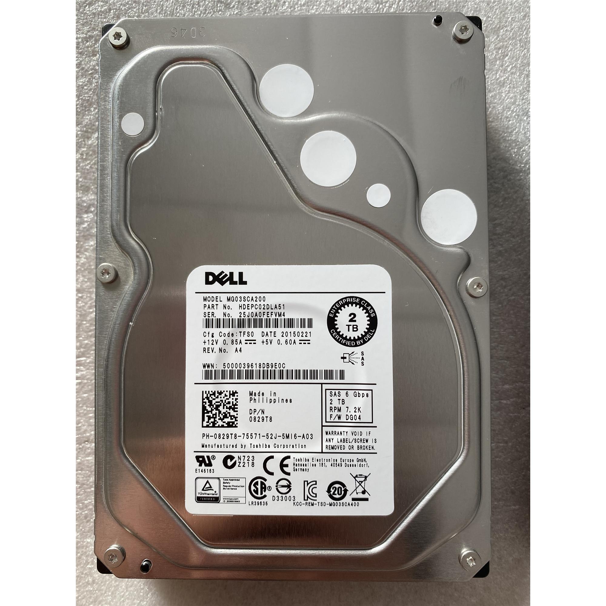 Dell/戴尔 SAS东芝 MG03SCA200 2T 3.5寸 7.2K 6Gb 硬盘 0829T8