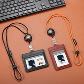 真皮工作证卡套牛皮伸缩卡套厂牌胸卡工作牌圆形安全扣可调节挂绳证件卡套定做门禁卡套挂脖定制员工牌保护套