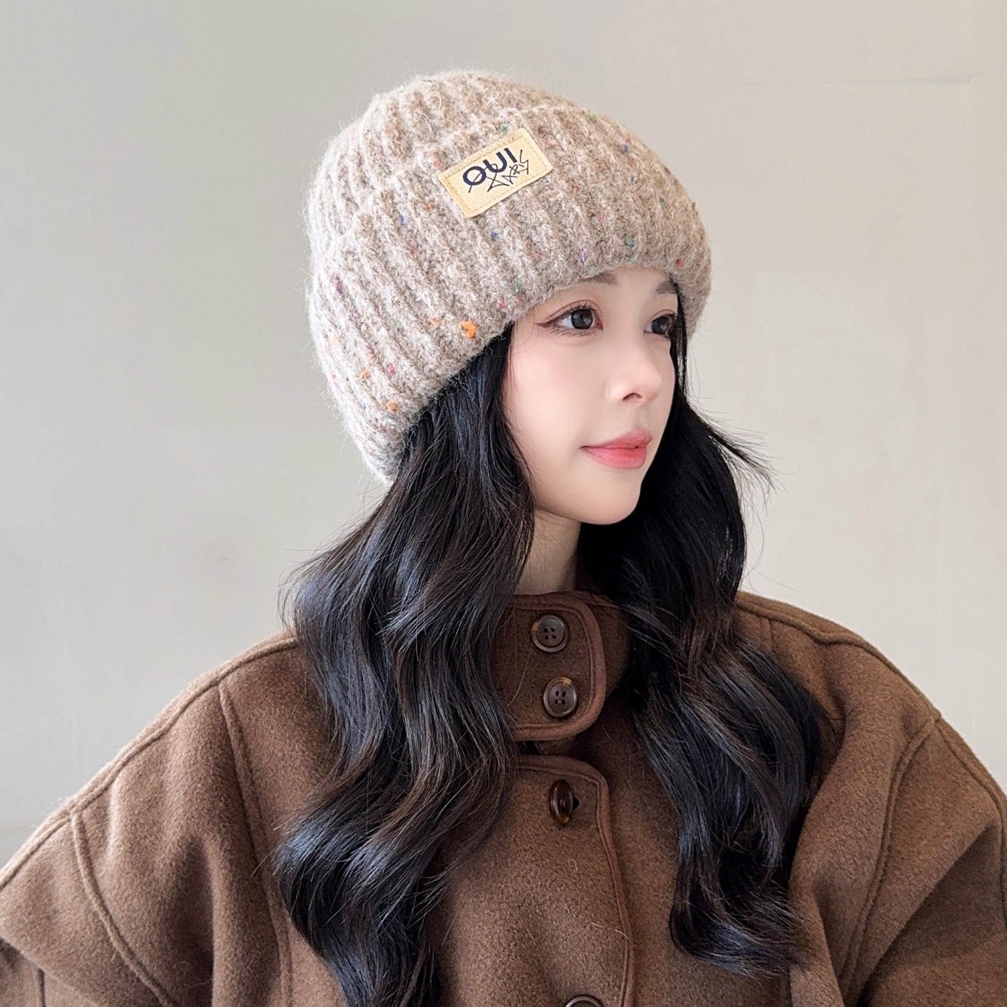 毛线帽子女秋冬保暖护耳帽字母标彩点加绒加厚防风套头帽百搭冷帽