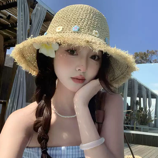 新款夏季草帽女海边度假沙滩大檐防晒帽花朵田园遮阳镂空渔夫帽子