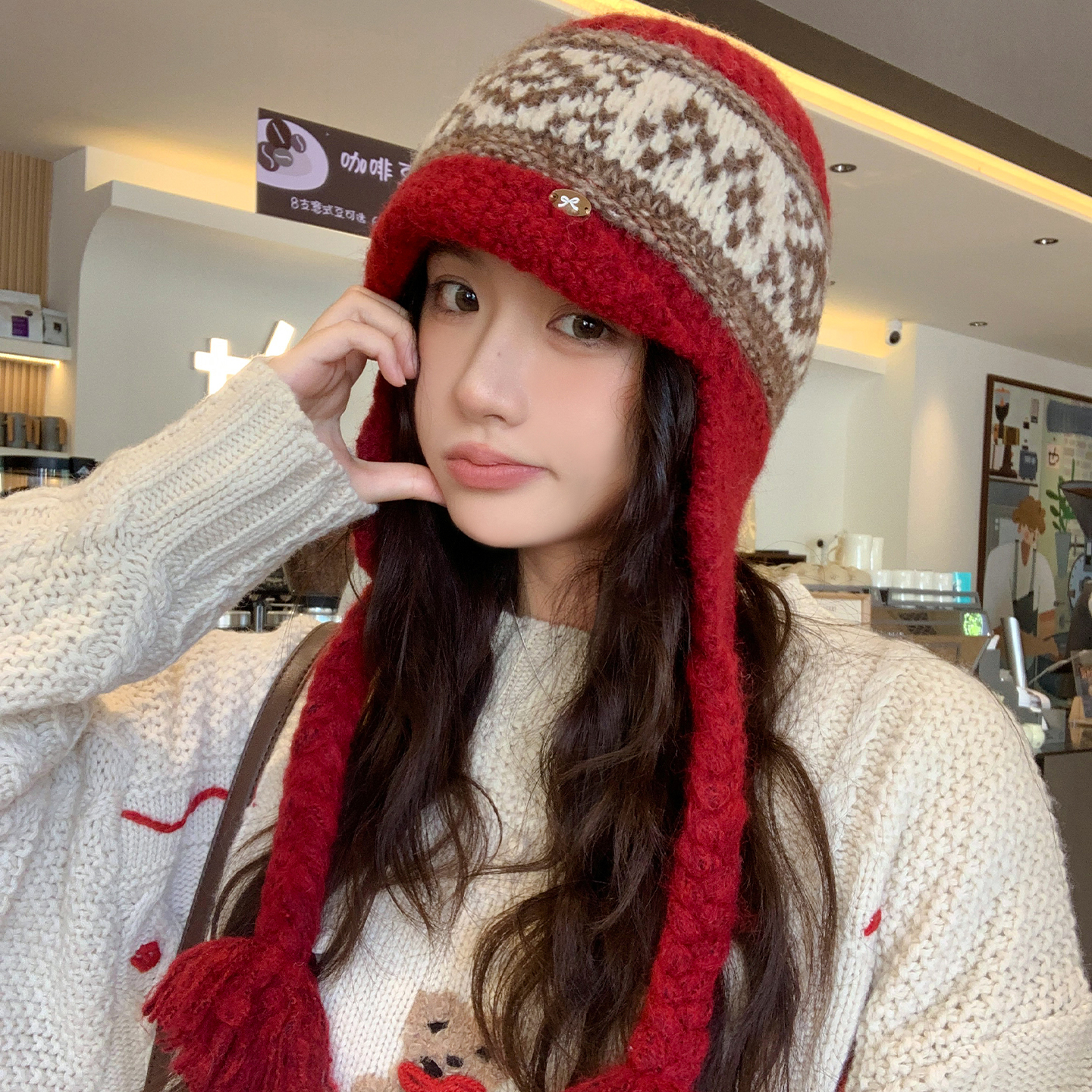 新款费尔岛风红色针织帽保暖防寒