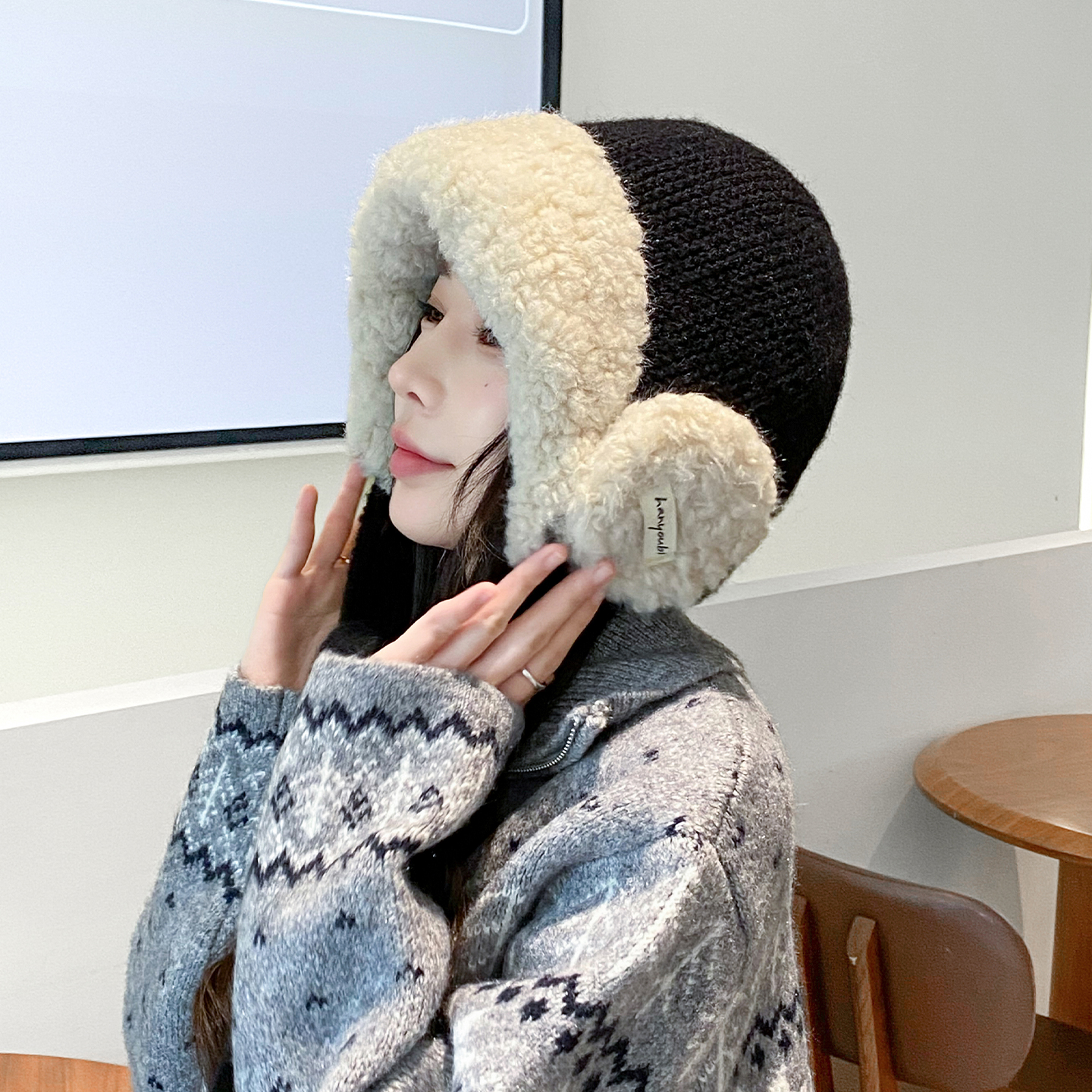 加绒防风护耳雷锋帽毛线针织帽