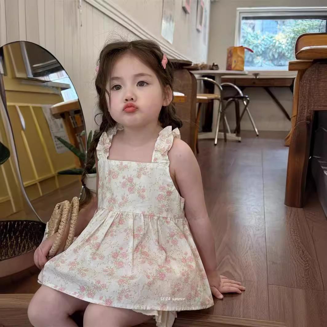 【现货】女童连衣裙2025夏季新中小童后背天使翅膀碎花上衣吊带裙