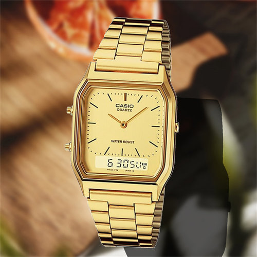 卡西欧CASIO男女手表复古金色防水方形小金表小银块AQ-230GA-9D
