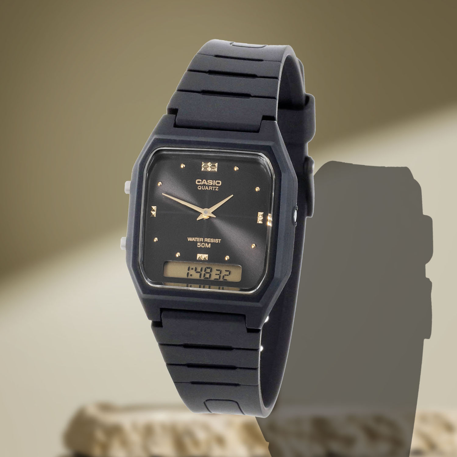 卡西欧（CASIO）小方块双显轻薄学生表 复古百搭中性表AW-48HE-1A