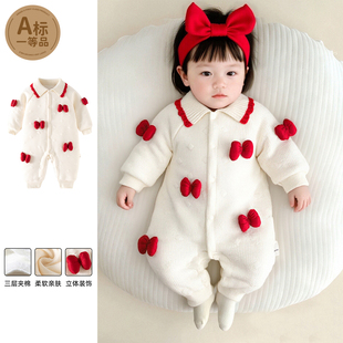 女宝宝连体衣秋冬季加棉120克棉衣加厚公主风哈衣婴幼儿爬服保暖