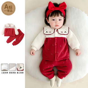 婴儿连体衣女宝宝冬季三层夹棉新生儿长袖爬爬服喜庆红色家居服