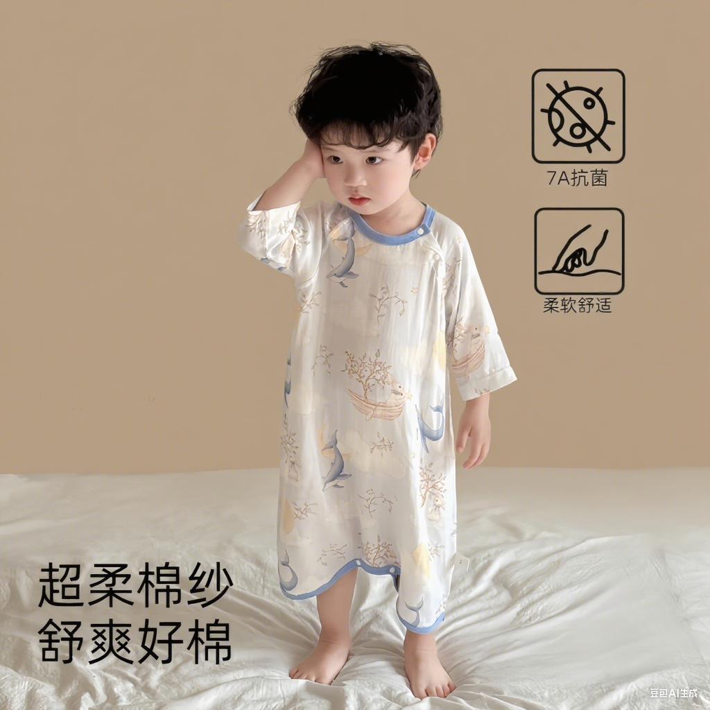 男童睡袋夏季薄款竹纤维睡衣纱布蝴蝶睡袍女童家居服宝宝分腿睡袋