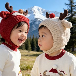 宝宝帽子红色麋鹿超萌护耳包脸帽可爱男女童小月龄婴儿秋冬毛绒帽