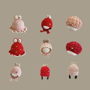 婴儿毛线帽子秋冬季女宝一岁可爱新款洋气公主外出护耳小月龄春秋