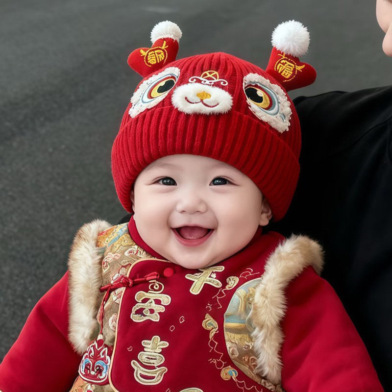 宝宝帽子秋冬季可爱红色虎头帽男女婴幼儿新年喜庆针织毛线保暖帽