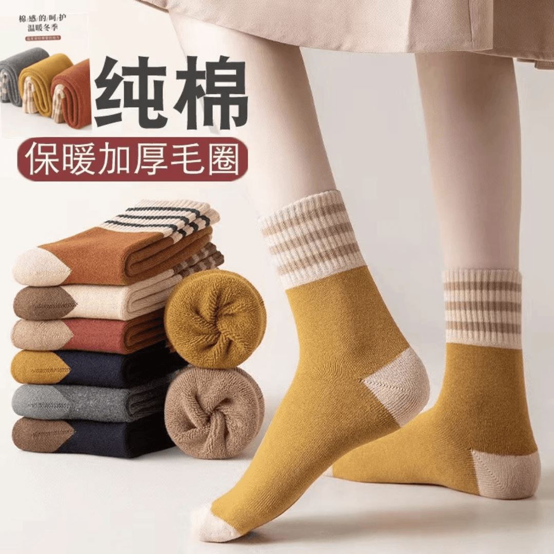 19.9元5双】冬季保暖毛圈袜加绒加厚抗寒男女同款复古条纹毛圈袜