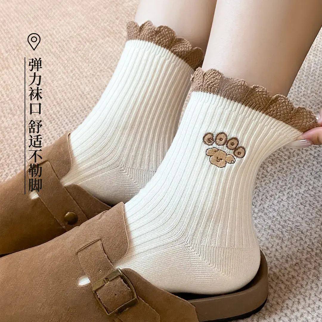 花边袜子女款纯棉中筒袜2025年秋冬季日系可爱刺绣春秋款配小皮鞋