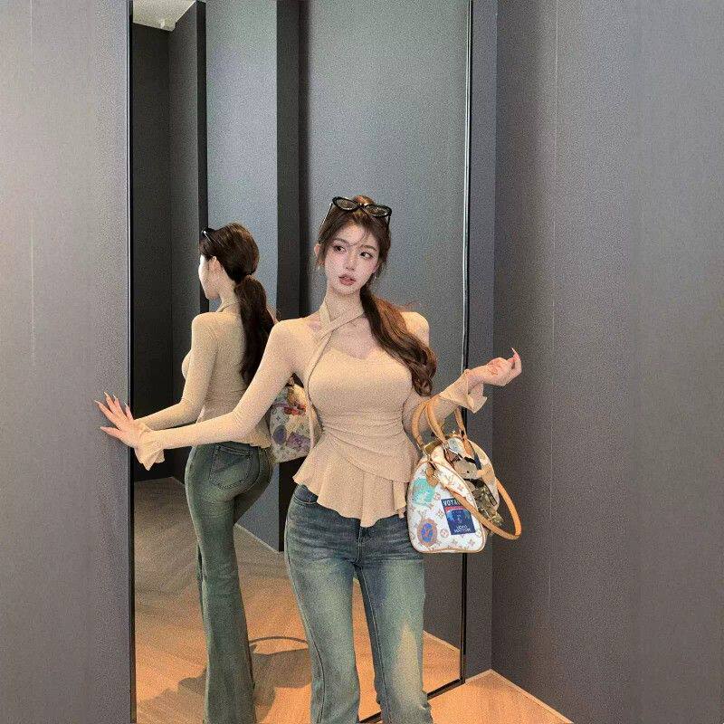 260克人棉 v领长袖T恤女秋季纯欲风不规则下摆喇叭袖修身显瘦上衣