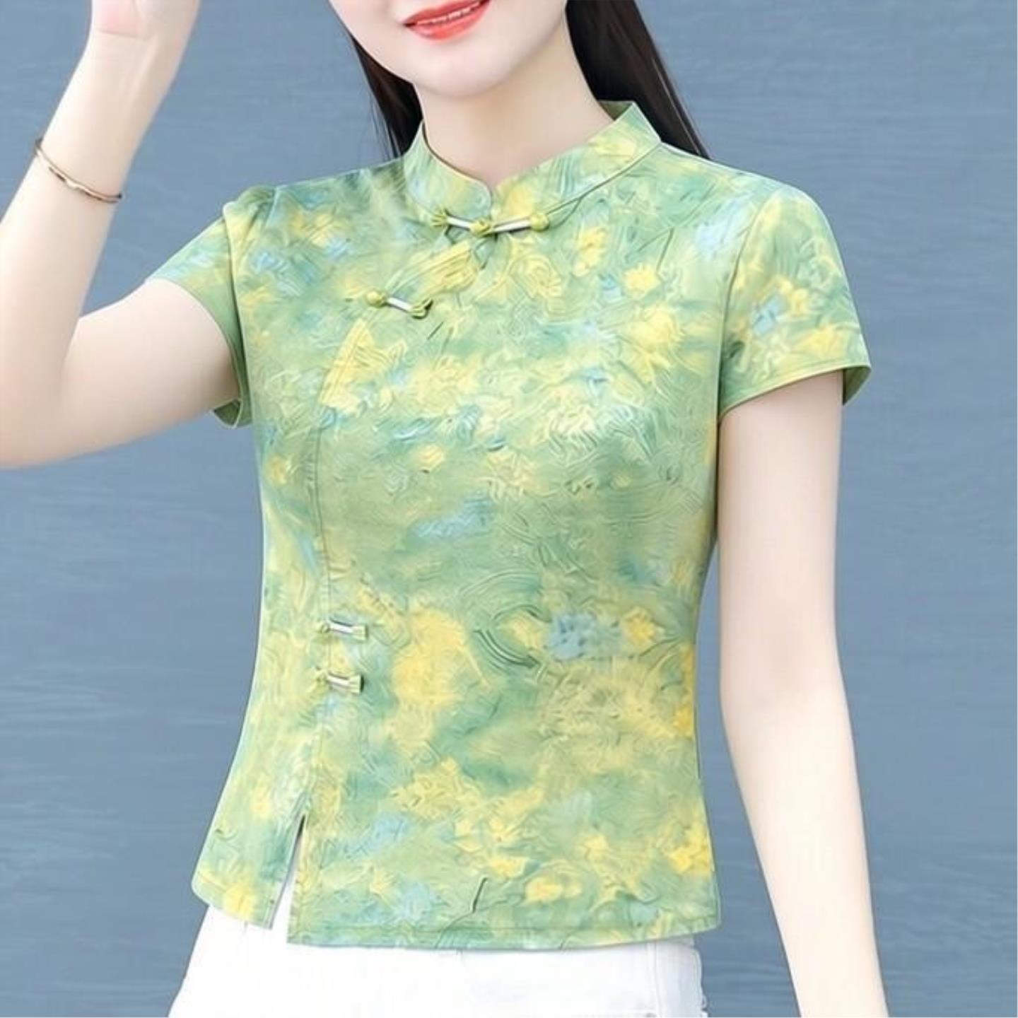 2026夏季新中式立领盘扣短袖衬衫女时尚拼接印花小衫洋气上衣