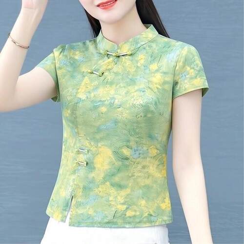 2026夏季新中式立领盘扣短袖衬衫女时尚拼接印花小衫洋气上衣