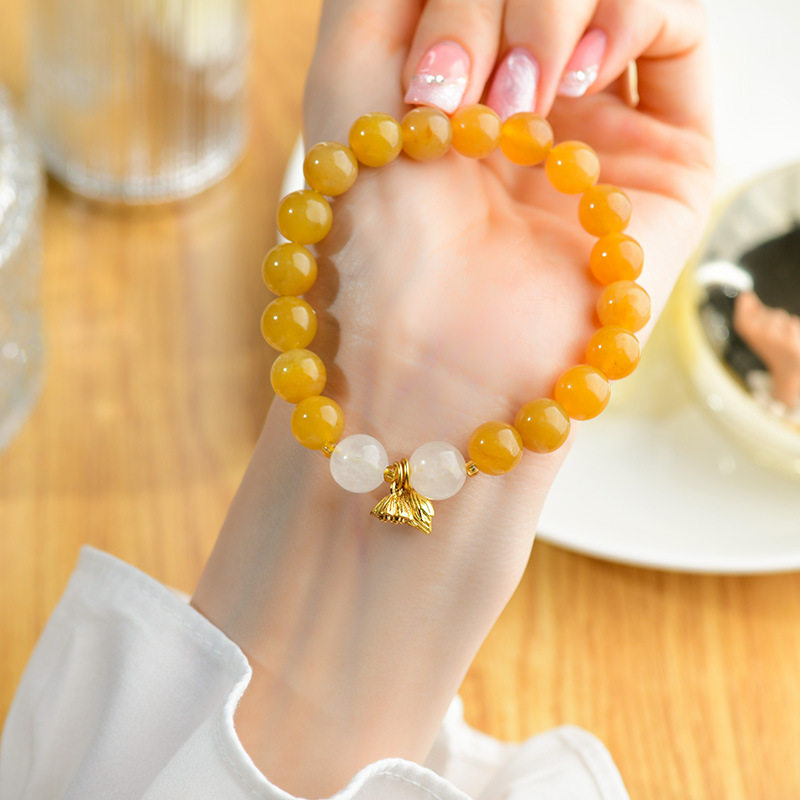 批发天然黄玉两世欢手链莲花莲蓬吊坠复古民族风手串新款国风饰品