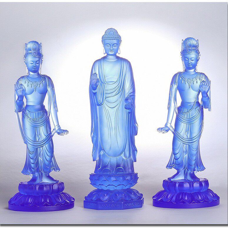 琉璃日光月光菩萨站像药师佛东方三圣家居供奉佛堂摆件寺院装饰品