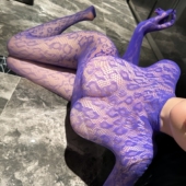 欧美复古紫色豹纹连体衣镂空透视火辣性感黑丝手套一体连身丝袜薄