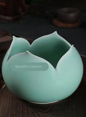 龙泉青瓷中式渣斗茶洗莲花摆件茶道配件水仙盆笔洗花尊花插陈设品