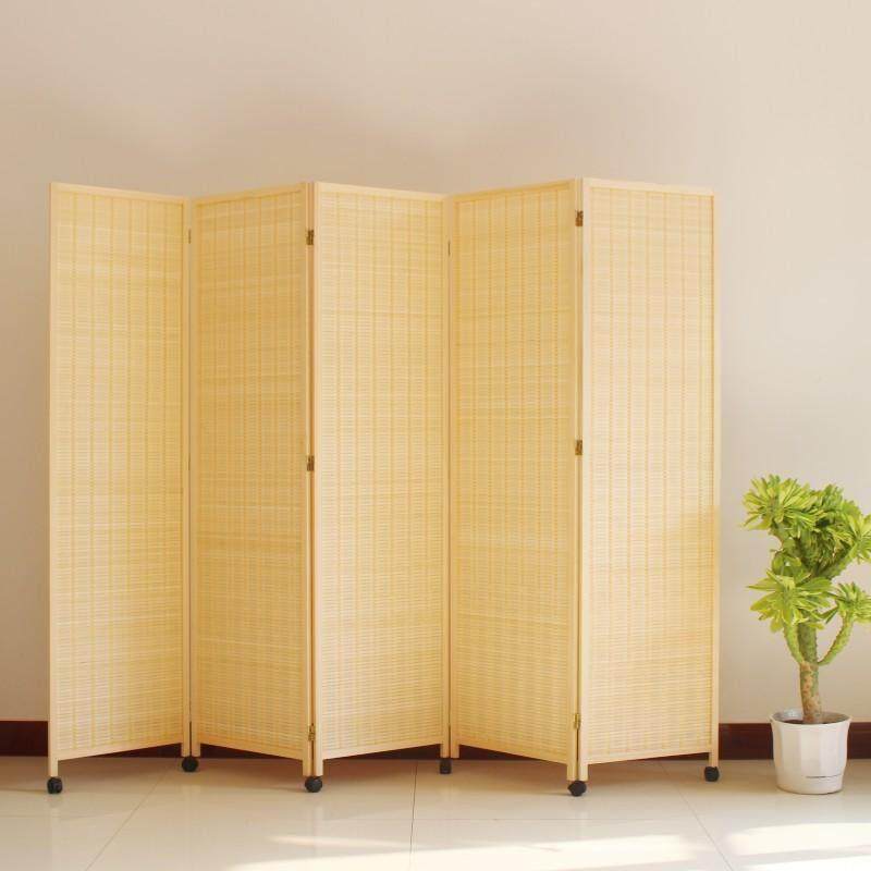 折叠屏风隔断客厅玄关折屏办公室遮挡帘实木竹编简易可移动带滑轮