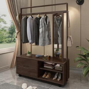 实木衣帽架落地卧室轻奢鞋架挂衣架带储物柜穿衣镜子一体置物衣架