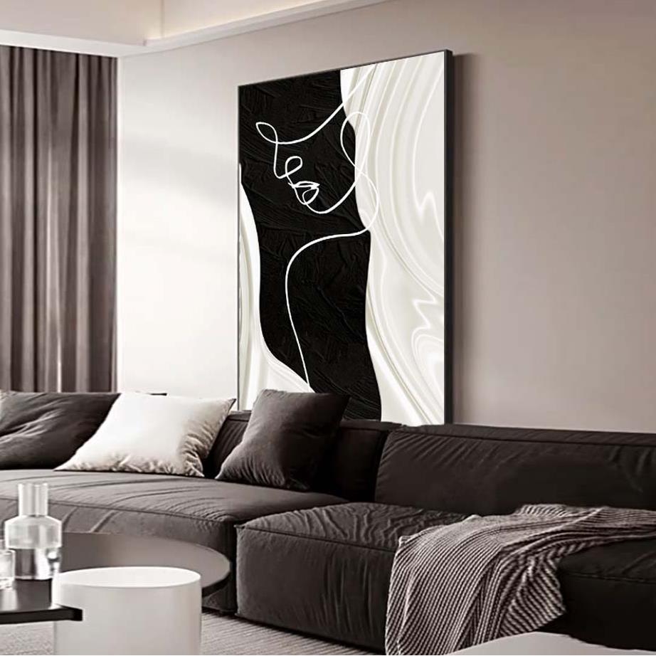 黑白客厅装饰画大幅抽象人物艺术线条走廊过道玄关挂画高级感壁画