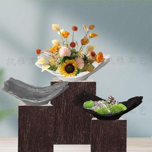 新中式文竹苔藓船形树脂花盆办公桌面样板房玄关家居装饰景观摆件