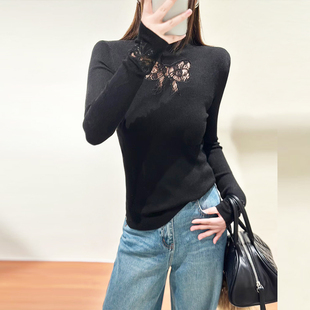 打底衫 90%羊毛2025新款 针织衫 半高领修身 上衣女 优雅镂空蕾丝长袖