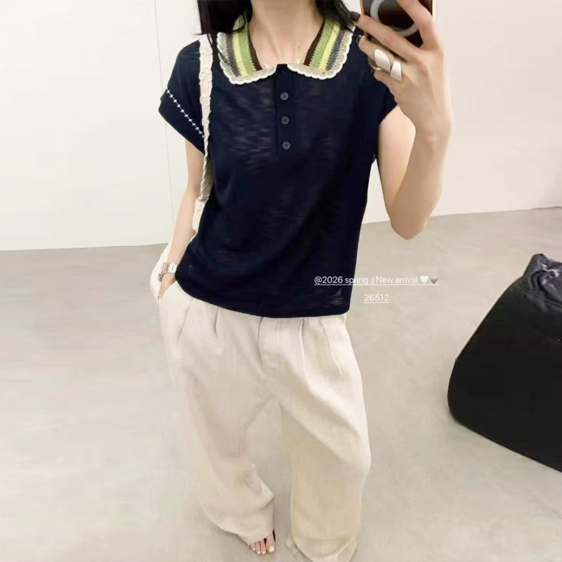 欧货2026新款洋气减龄彩色条纹娃娃领短袖薄款T恤衫夏宽松上衣女