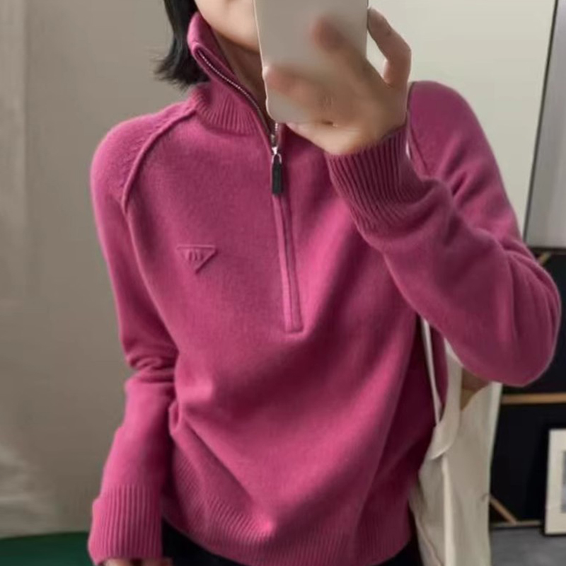 长袖宽松翻领通勤羊毛半拉链