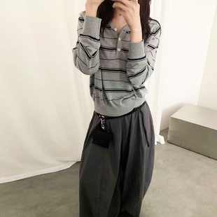 欧货2026新款时髦通勤抽绳纽扣条纹连帽薄款针织衫帽衫上衣女