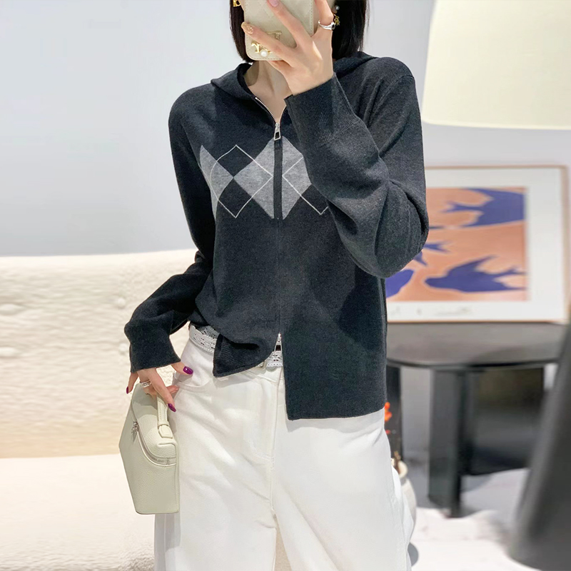 连帽双拉链菱形格拼色提花上衣女